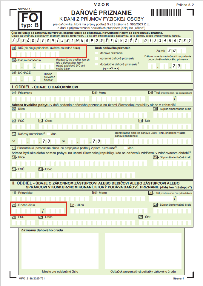 Strana č. 1, riadok 1 a 21