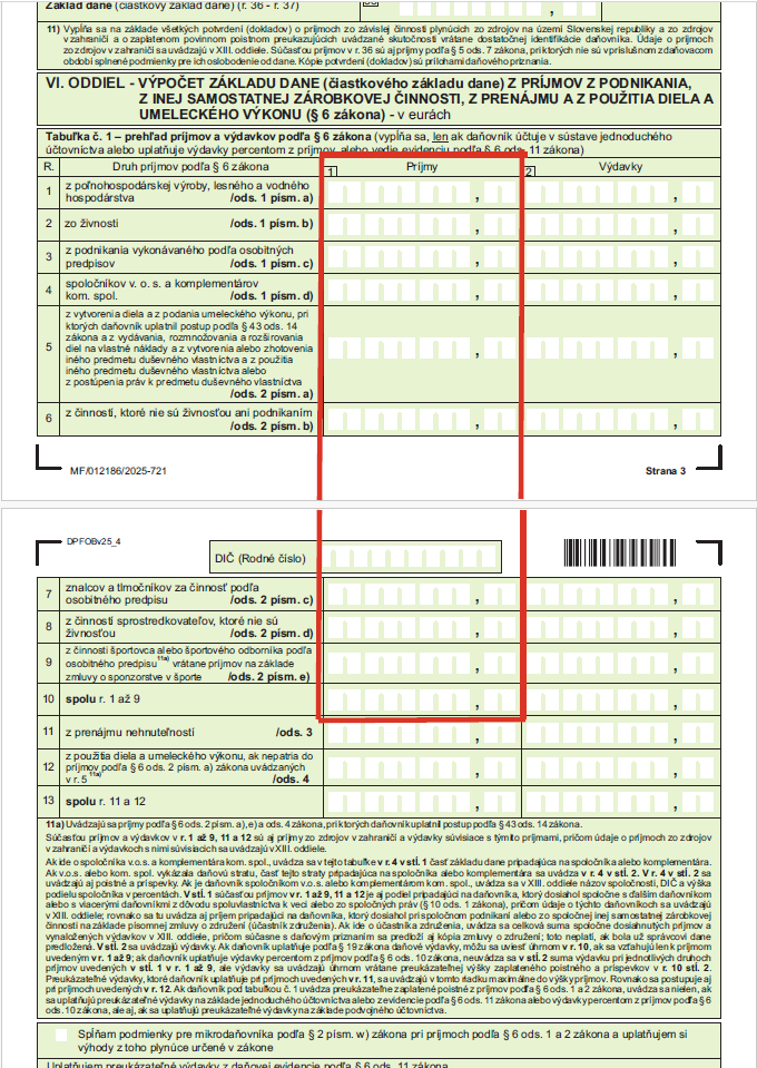 Strana č. 3 a 4, tabuľka č. 1, riadok 1 – 10, stĺpec 1