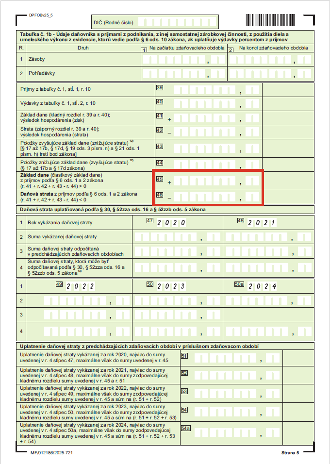 Strana č. 5, riadok 45 – čiastkový základ dane a riadok 46 – daňová strata